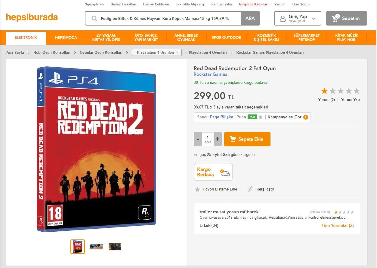 Red Dead Redemption 2, Hepsiburada'da satılmaya başlanmış
