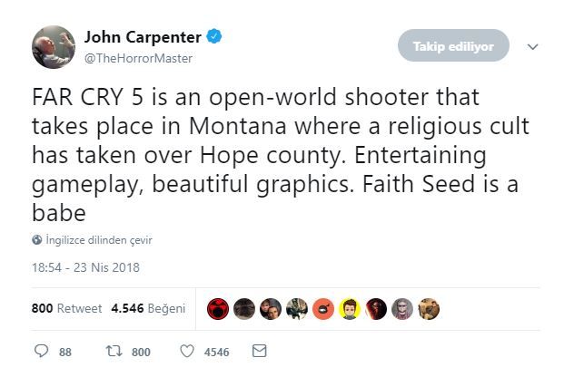 Ünlü yönetmen John Carpenter Far Cry 5'i oldukça beğenmiş